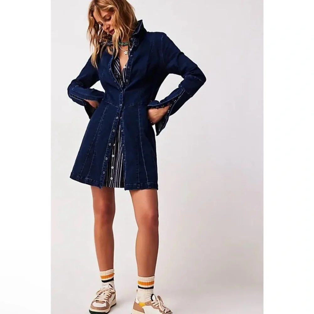 Free People Thea Dark Wash Denim Mini Dress Size S NWT - Picture 6 of 8
